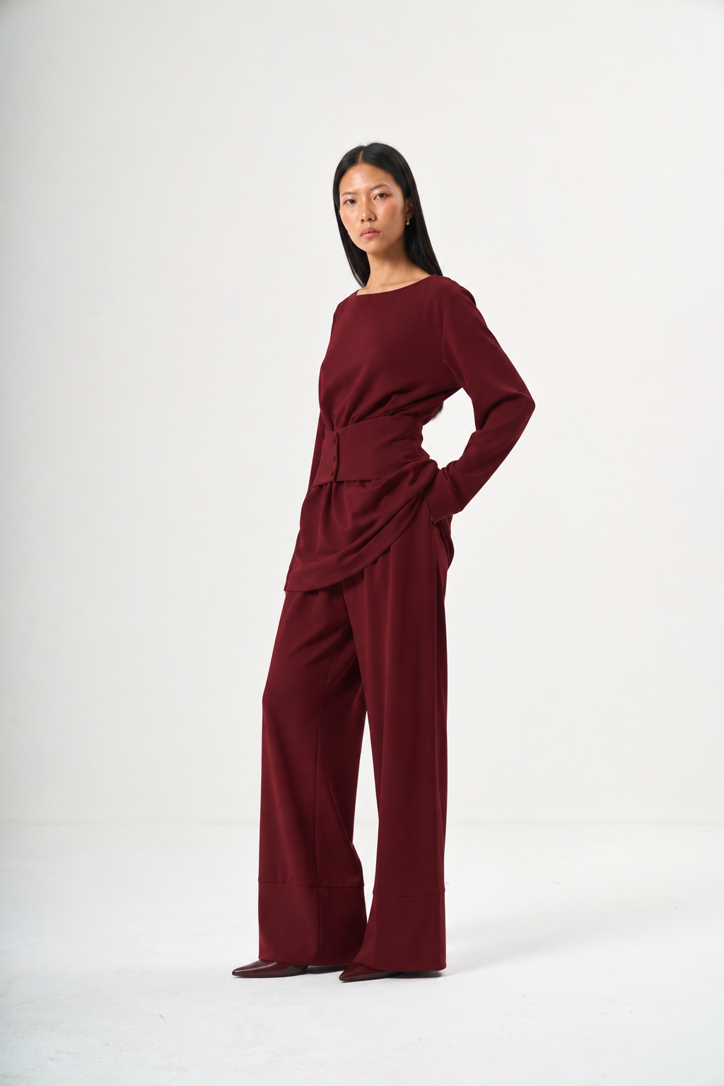 Beli Korsajlı Sweatshirt Takım Bordo — Görsel 1