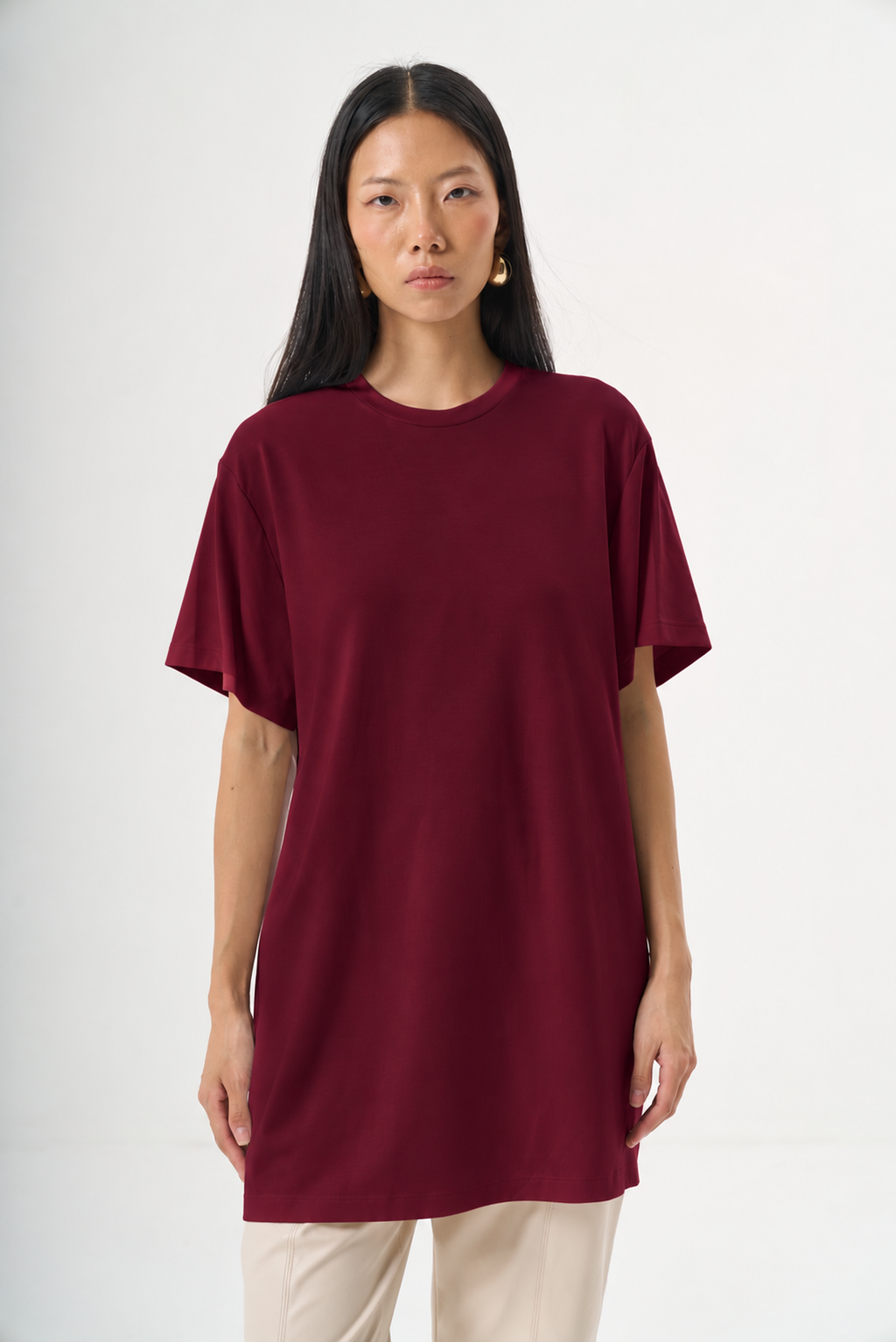 Kısa Kol Düz T-Shirt Bordo — Görsel 1