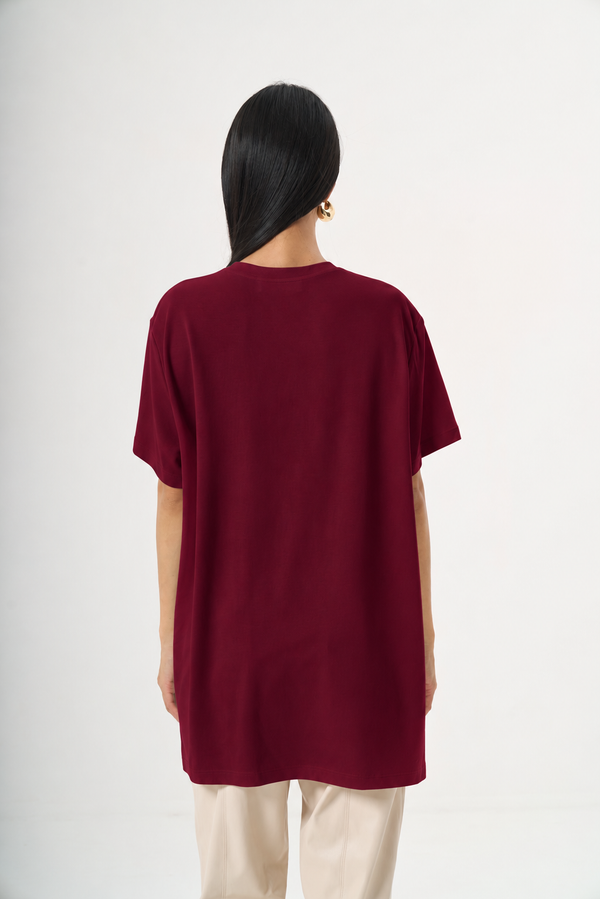 Kısa Kol Düz T-Shirt Bordo — Görsel 3